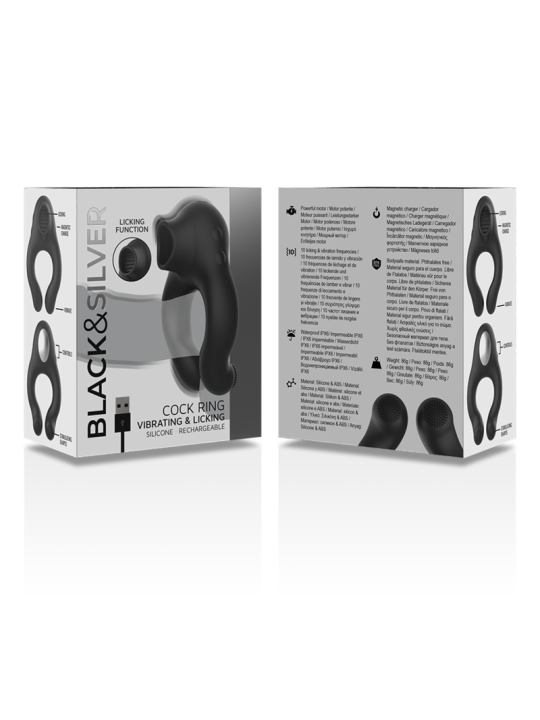 BLACK&SILVER - ANILLO VIBRADOR SILICONA 3 MOTORES RECARGABLE NEGRO