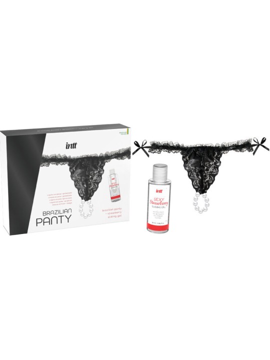 INTT RELEASES - BRAZILIAN BLACK PANTY WITH PEARLS AND LUBRICANT GEL 50