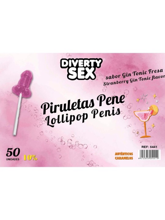DIABLO GOLOSO - 50 PIRULITOS DE PÊNIS GIN TÔNICA SABOR MORANGO 10% ÁLC