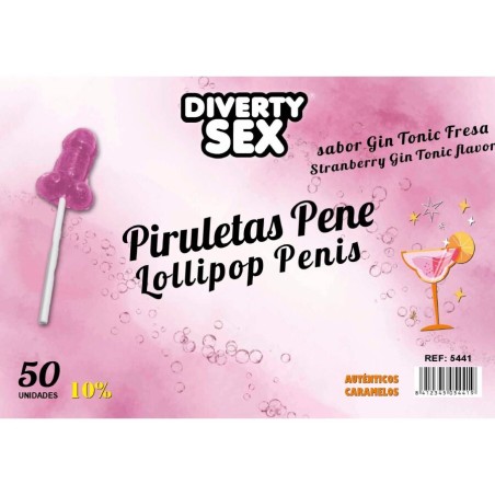 DIABLO GOLOSO - 50 PENIS LOLLIPOPS GIN TONIC STRAWBERRY FLAVOR 10% ALC