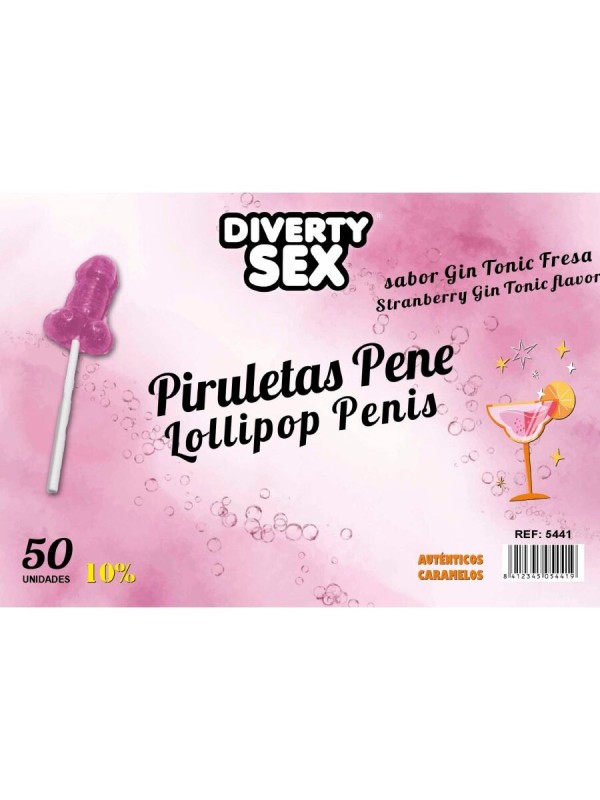 DIABLO GOLOSO - 50 PENIS LOLLIPOPS GIN TONIC STRAWBERRY FLAVOR 10% ALC