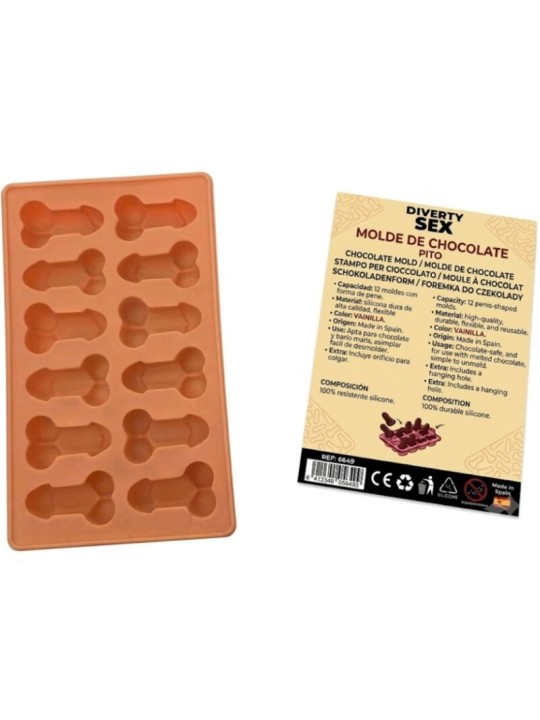 DIABLO PICANTE - MOULE À CHOCOLAT AVEC 12 PÉNIS EN SILICONE À SUSPENDR
