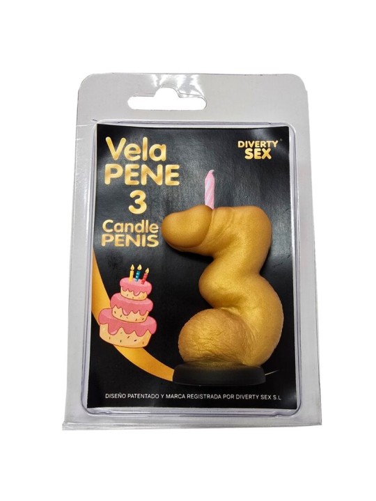 DIABLO PICANTE - PENIS CANDLE IN THE SHAPE OF THE NUMBER 3 GOLD COLOR