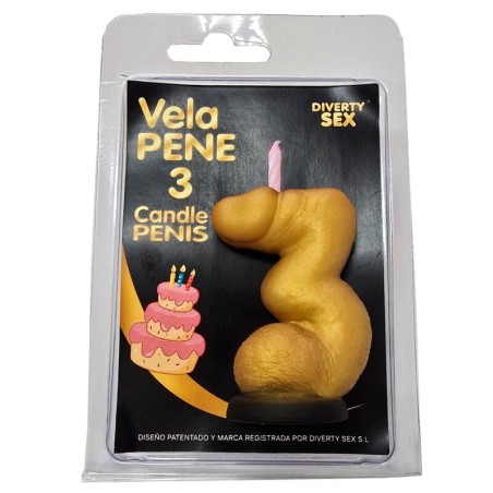 DIABLO PICANTE - PENIS CANDLE IN THE SHAPE OF THE NUMBER 3 GOLD COLOR