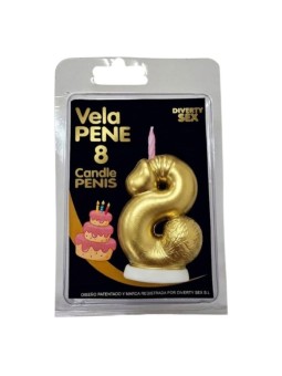 DIABLO PICANTE - VELA EM FORMATO DE PÊNIS COM O NÚMERO 8 NA COR DOURAD