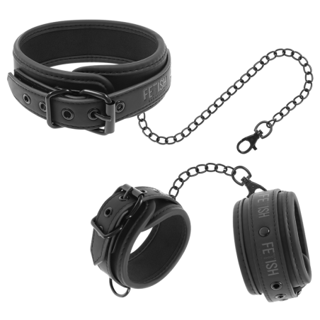 FETISH SUBMISSIVE - COLLAR Y ESPOSAS CUERO VEGANO CON FORRO DE NEOPREN