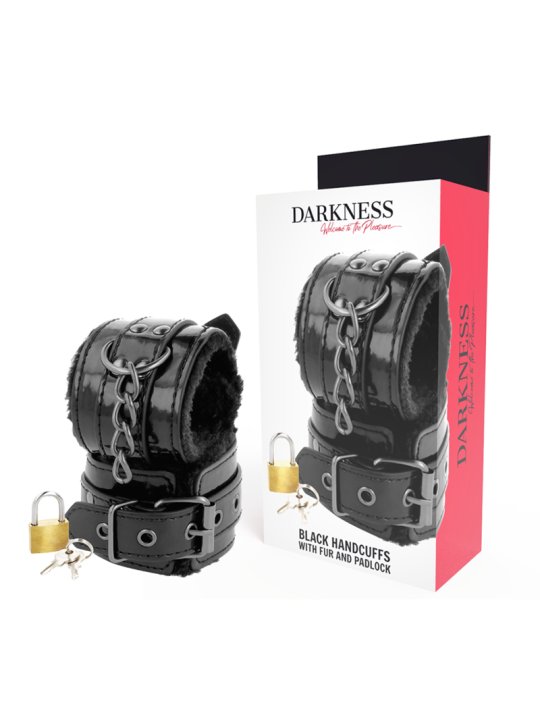 DARKNESS - SCHWARZE, VERSTELLBARE LEDERHANDSCHELLEN MIT VORHNGESCHLOSS