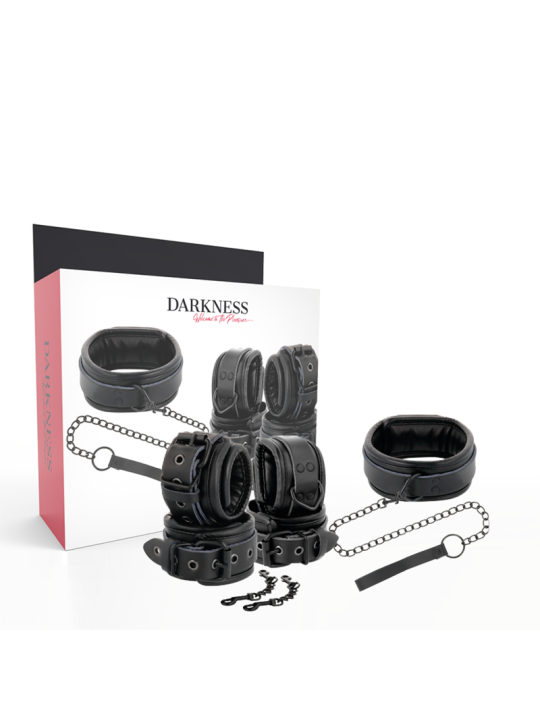 DARKNESS - BLACK LEATHER HANDCUFFS AND COLLAR