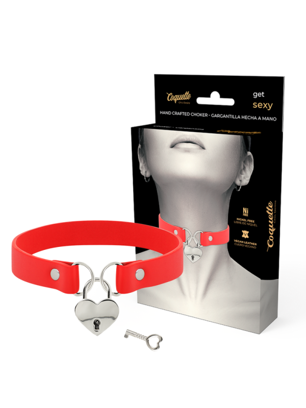 COQUETTE CHIC DESIRE - RED VEGAN LEATHER NECKLACE WITH HEART ACCESSORY