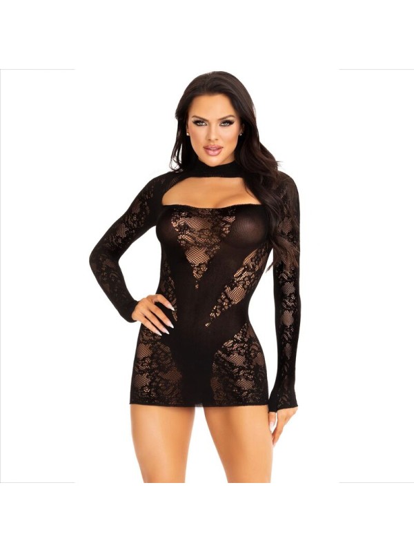 LEG AVENUE - MINI VESTIDO COM RENDA MANGA COMPRIDA PRETO