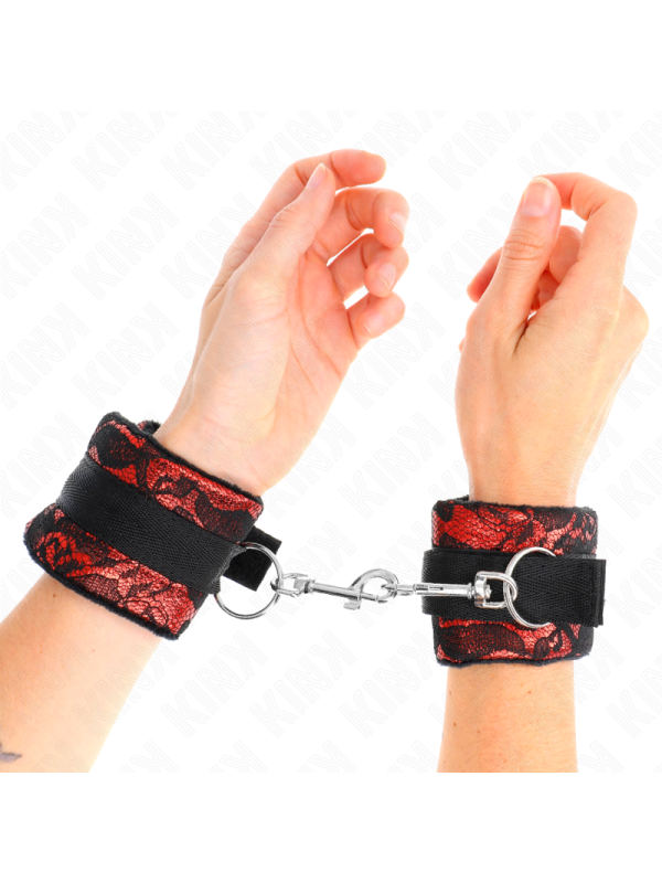 KINK - SHORT VELVET LACE WRIST RESTRAINTS AND NYLON BIND RED / BLACK 2