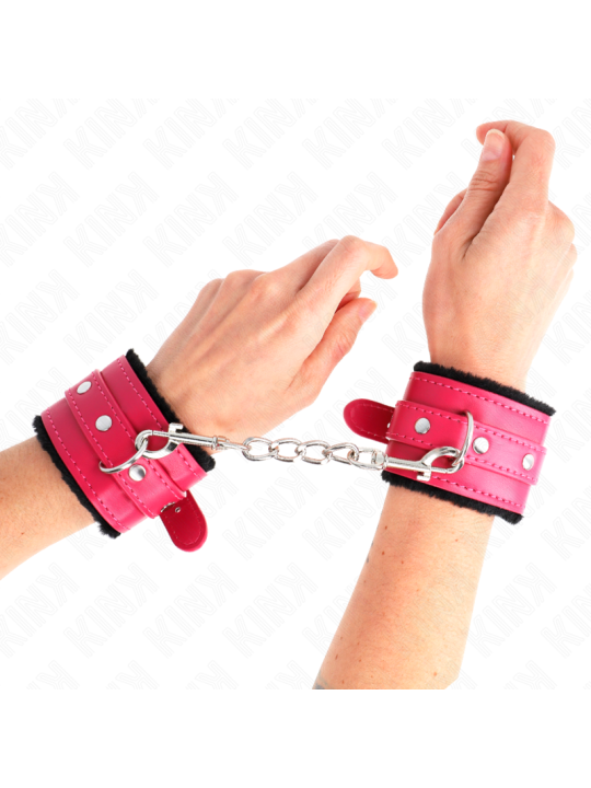 KINK - PREMIUM FUR LINED WRIST RESTRAINTS BLACK WITH RASPBERRY ROSE BE