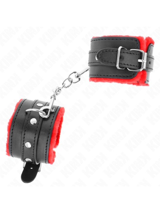 KINK - PREMIUM PELZGEFÜTTERTE HANDGELENKFESSELN ROT MIT SCHWARZEM GÜRT