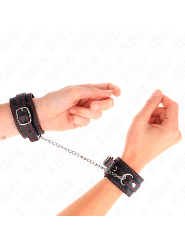 KINK - KLEINE HANDGELENKSFESSELN SCHWARZ MIT ROTEM FUTTER VERSTELLBAR 