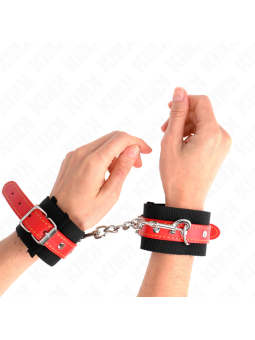 KINK - NYLON HANDGELENKFESSELN SCHWARZ MIT KUNSTLEDER ROT VERSTELLBAR 