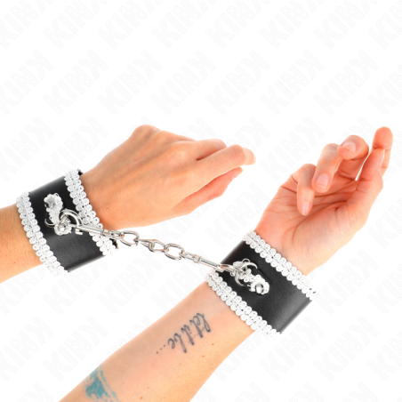 KINK - MUÑEQUERAS NEGRO CON ENCAJE DECORATIVO BLANCO AJUSTABLE 20-23 C