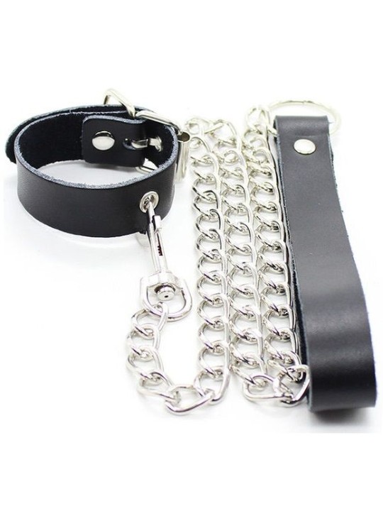 OHMAMA FETISH - COLAR PARA PÊNIS E ALÇA DE COURO COM CORRENTE DE METAL