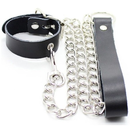 OHMAMA FETISH - COLLIER PÉNIS ET BRACELET EN CUIR AVEC CHAÎNE MÉTALLIQ