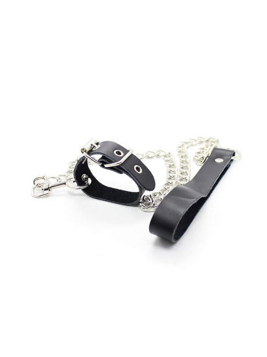 OHMAMA FETISH - COLAR PARA PÊNIS E ALÇA DE COURO COM CORRENTE DE METAL