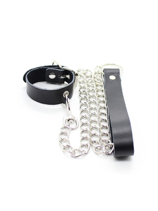 OHMAMA FETISH - COLAR PARA PÊNIS E ALÇA DE COURO COM CORRENTE DE METAL