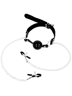 OHMAMA FETISH - ZWARTE BALL GAG MET TEPELKLEMMEN