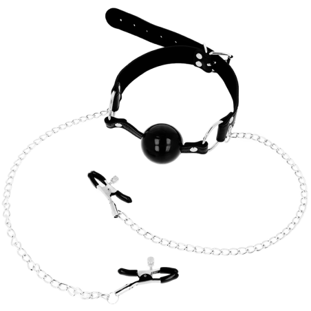OHMAMA FETISH - ZWARTE BALL GAG MET TEPELKLEMMEN