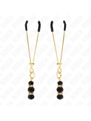 KINK - PINCES À TETON FINES OR AVEC 3 BILLES DE VERRE NOIR 7 CM