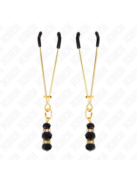 KINK - PINCES À TETON FINES OR AVEC 3 BILLES DE VERRE NOIR 7 CM