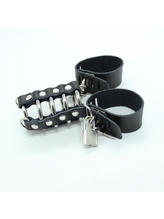 OHMAMA FETISH - CAGE PÉNIS AVEC ANNEAUX MÉTALLIQUES ET SANGLE EN CUIR
