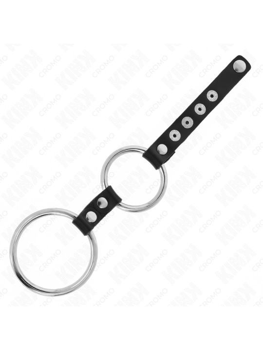 KINK - DUBBELE METALEN PENISRING 3,8 CM TOT 5 CM VERBONDEN MET LEER