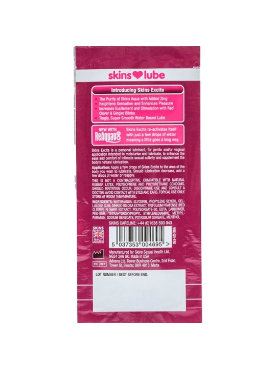 SKINS - EXCITE GLIJMIDDEL OP WATERBASIS, EENMALIGE DOSIS 5 ML