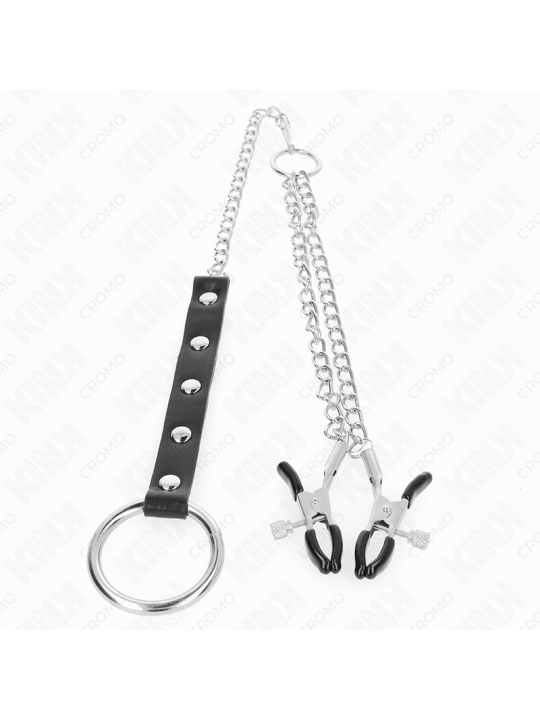 KINK - METALL-PENISRING MIT KETTE UND VERSTELLBAREN BRUSTKLAMMERN