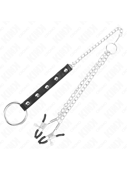 KINK - METALL-PENISRING MIT KETTE UND VERSTELLBAREN BRUSTKLAMMERN