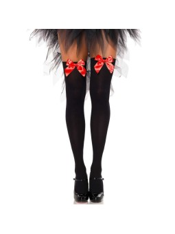LEG AVENUE - COXAS EM NYLON PRETO COM LAO VERMELHO TAMANHO ÚNICO