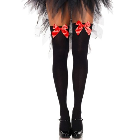 LEG AVENUE - SCHWARZE NYLON-OBERTEILHÖCHSE MIT ROTER SCHLEIFE, EINE GR