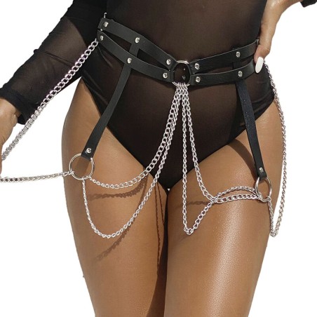 SUBBLIME - ZWARTE LEDEREN KETTINGRIEM MET RINGEN ONE SIZE