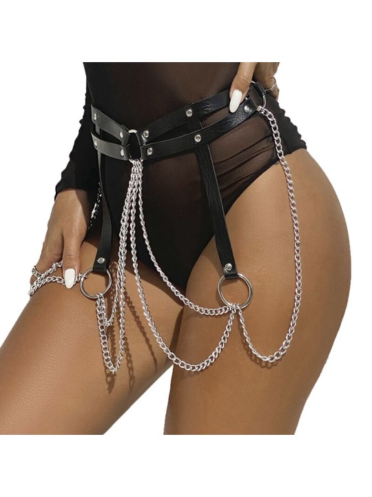 SUBBLIME - ZWARTE LEDEREN KETTINGRIEM MET RINGEN ONE SIZE