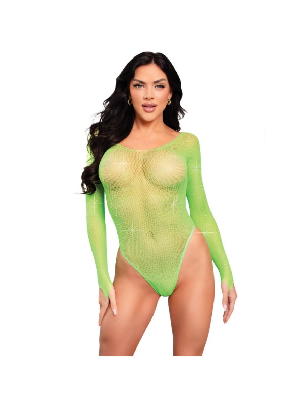 LEG AVENUE - LANGÄRMLIGER BODYSUIT MIT KRISTALLMUSTER, GRÜN