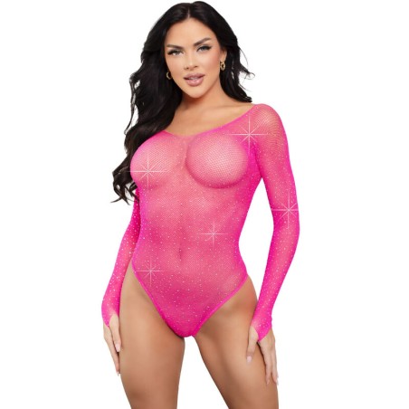 LEG AVENUE - FUCHSIA GEKRISTALISEERDE BODYSUIT MET LANGE MOUWEN