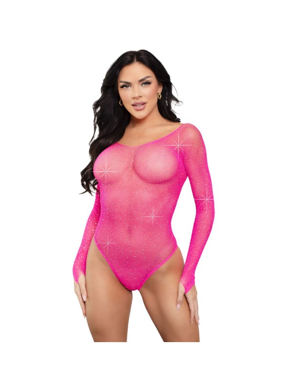 LEG AVENUE - CRYSTALIZED LONG SLEEVE BODYSUIT FUCHSIA