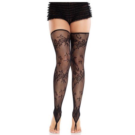LEG AVENUE - FLORAL KANTEN VOETLOZE KOUSEN ZWART