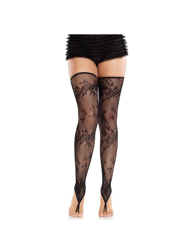 LEG AVENUE - FLORAL LACE FOOTLESS STOCKINGS BLACK
