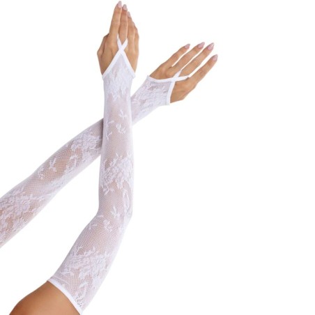 LEG AVENUE - EXTRA LANGE BLOEMEN KANT ARMWARMER HANDSCHOENEN WIT