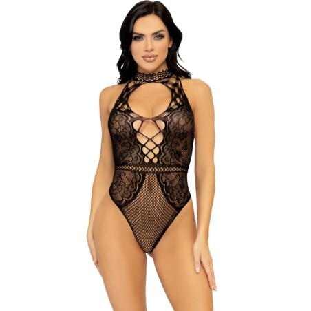LEG AVENUE - NET EN KANT KEYHOLE HALTER BODYSUIT ONE SIZE