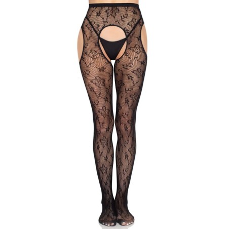 LEG AVENUE - 1967 BLOOM NET SUSPENDERT PANTY ZWART - ONE SIZE