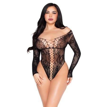 LEG AVENUE - 89370 NET AND LACE TEDDY ZWART - ONE SIZE