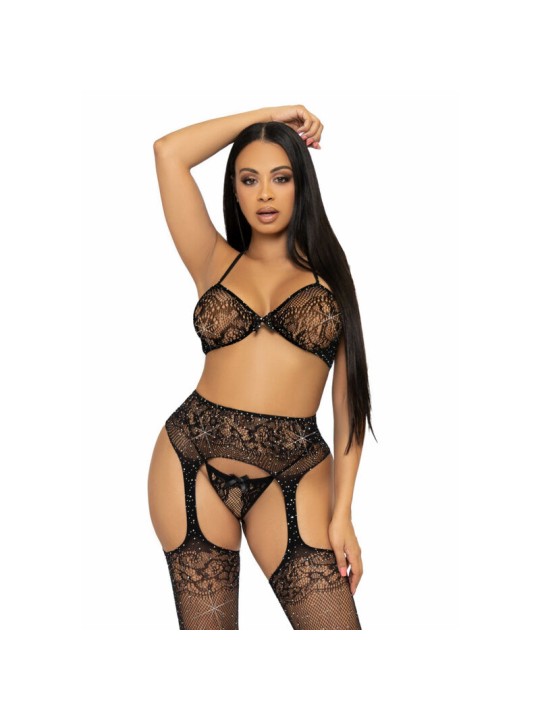 LEG AVENUE - SET TRES PIEZAS SUJETADOR, TANGA Y MEDIAS TALLA ÚNICA - N