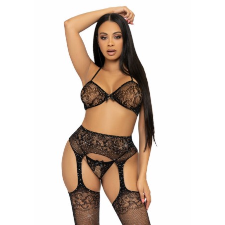 LEG AVENUE - SET TRE PEZZI REGGISENO, PERING E CALZA TAGLIA UNICA - NE