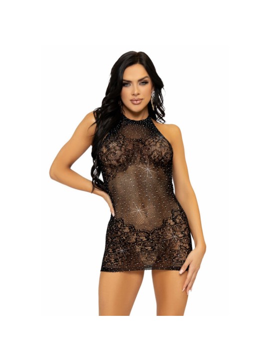 LEG AVENUE - MINI VESTIDO CON PEDRERÍA TALLA ÚNICA - NEGRO