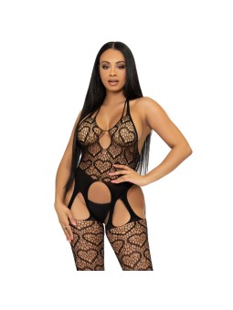 LEG AVENUE - ONE SIZE NET BODYSTOCKING MET BANDJES - ZWART